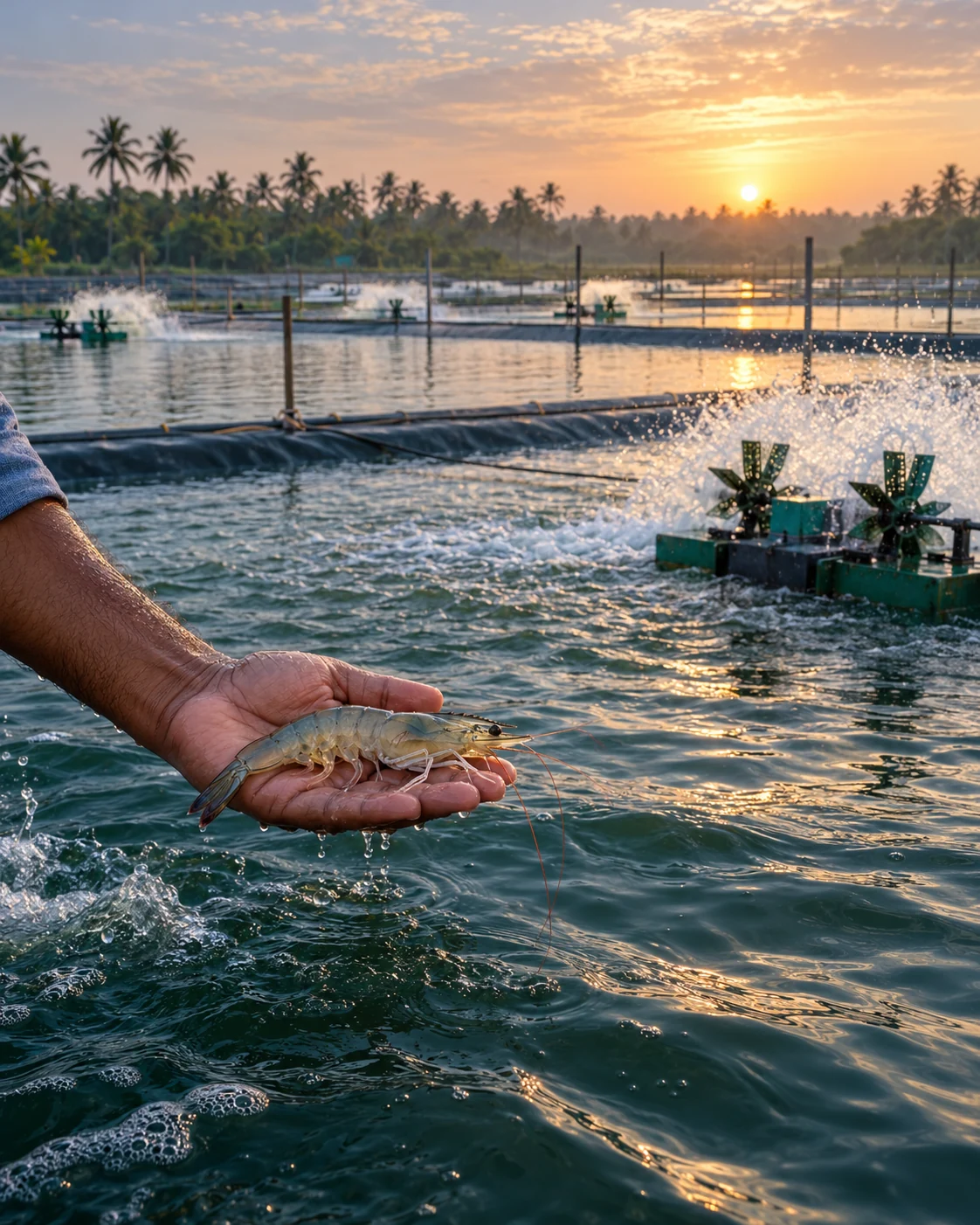 Illustrative shrimp aquaculture pond at sunrise